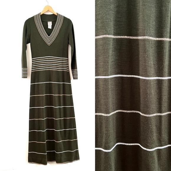 Vintage 60s 70s Maxi Dress Swedish Metallic Knit Striped V Neck Sweater Mod MCM - Picture 2 of 9